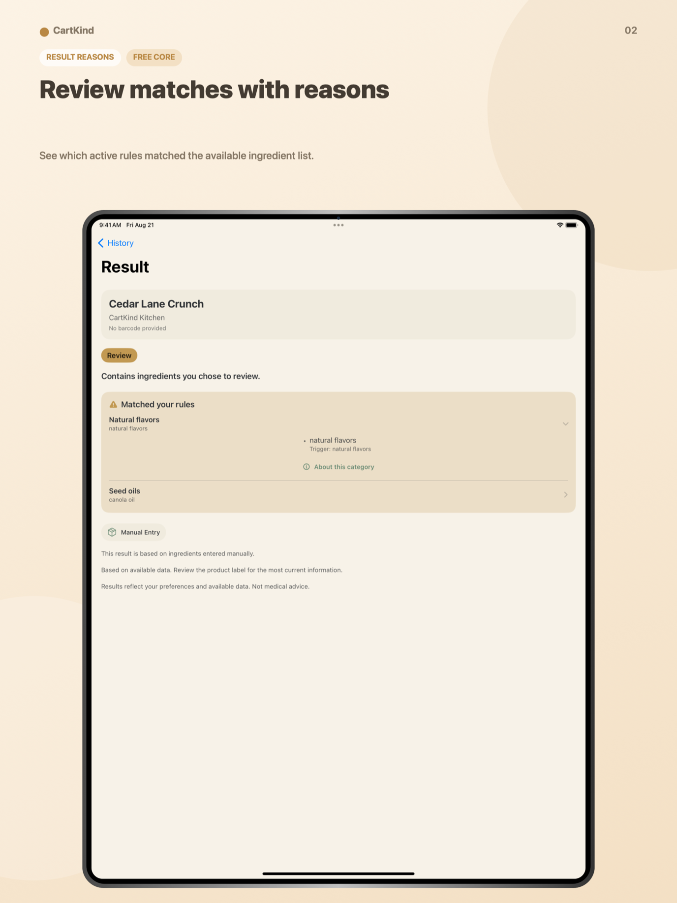 CartKind on iPad showing a Review result with the matched ingredient rules visible
