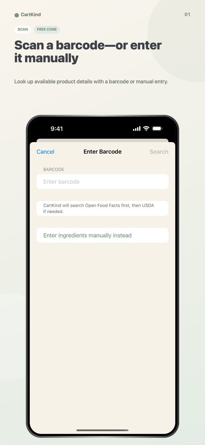 CartKind scan screen with camera and manual barcode entry options