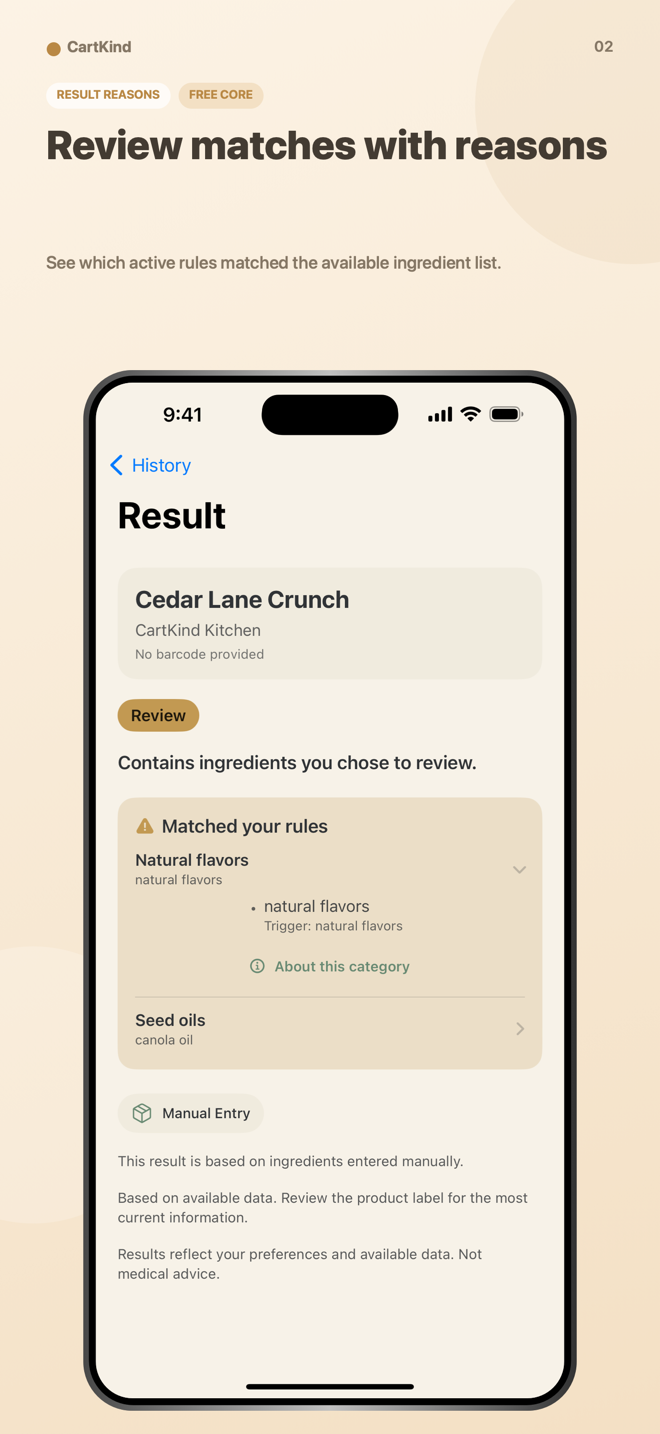 CartKind result with visible ingredient-rule matches in a framed iPhone