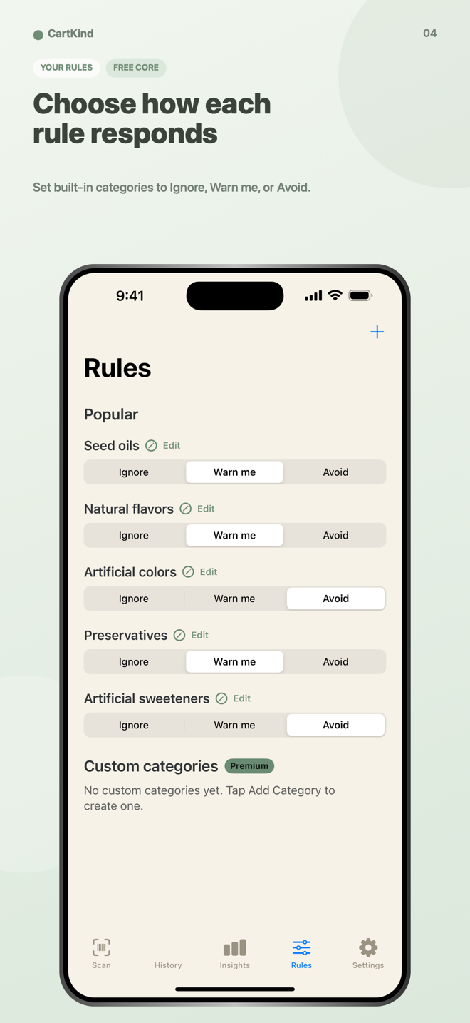 CartKind rules screen with Ignore, Warn me, and Avoid choices