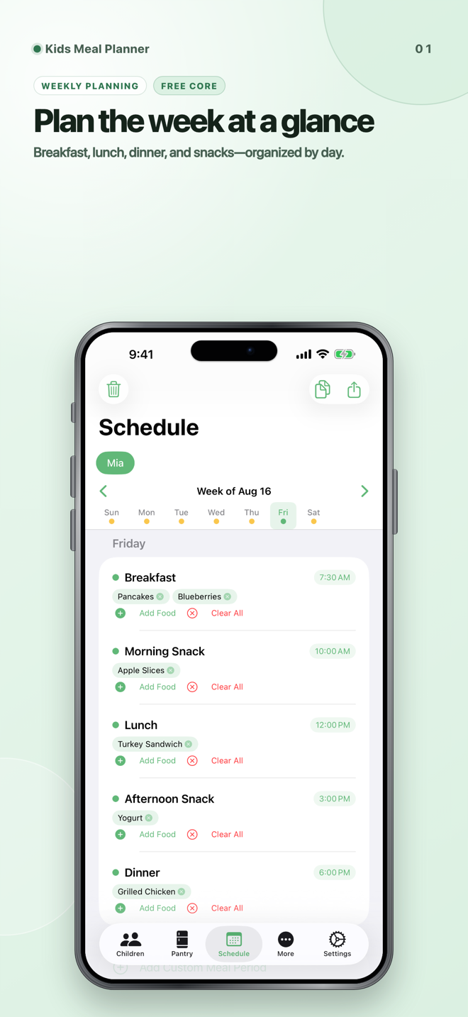 Kids Meal Planner weekly schedule in a framed iPhone