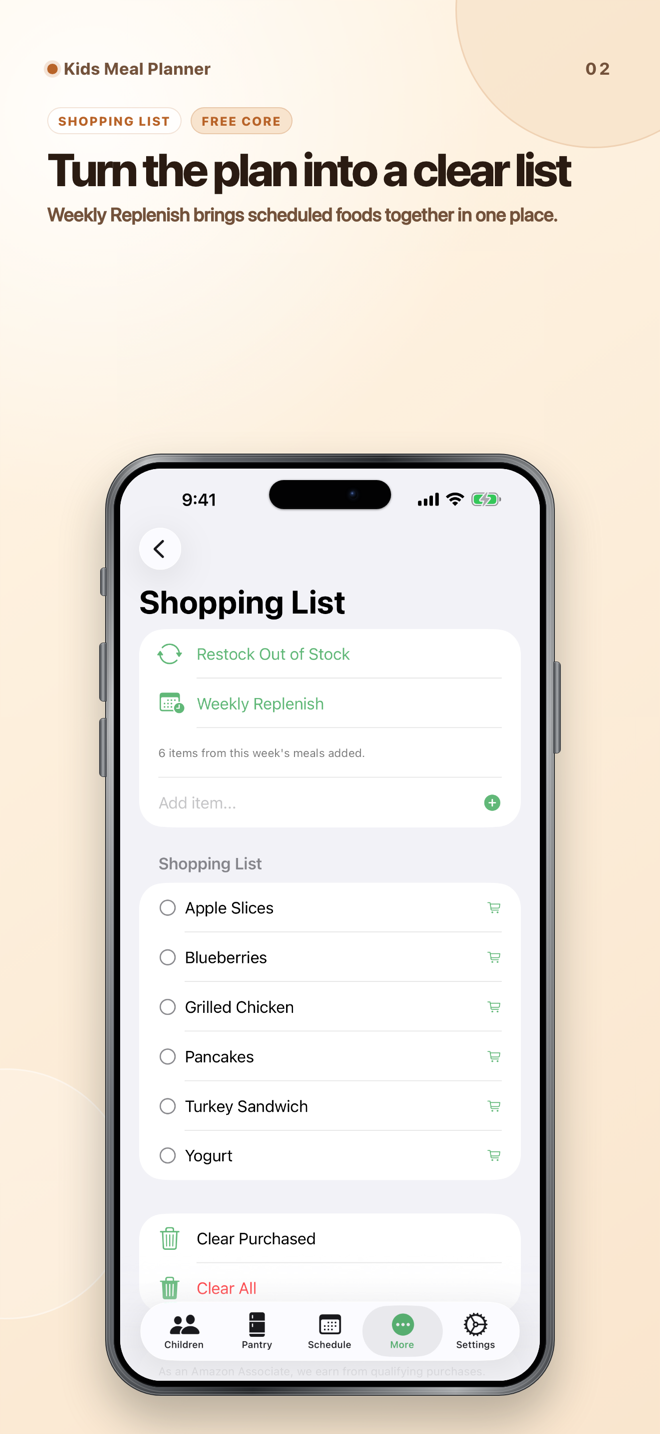 Kids Meal Planner shopping list created from the weekly meal plan