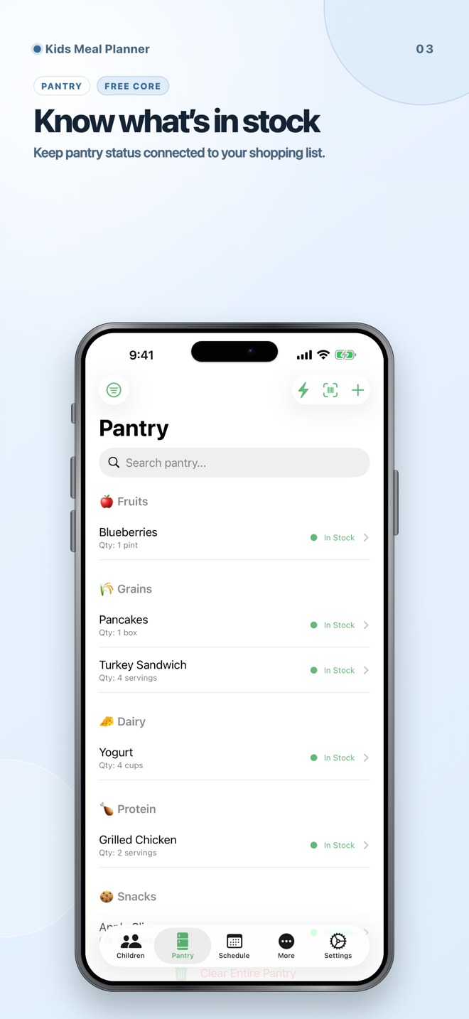 Kids Meal Planner pantry showing foods that are in stock or out of stock