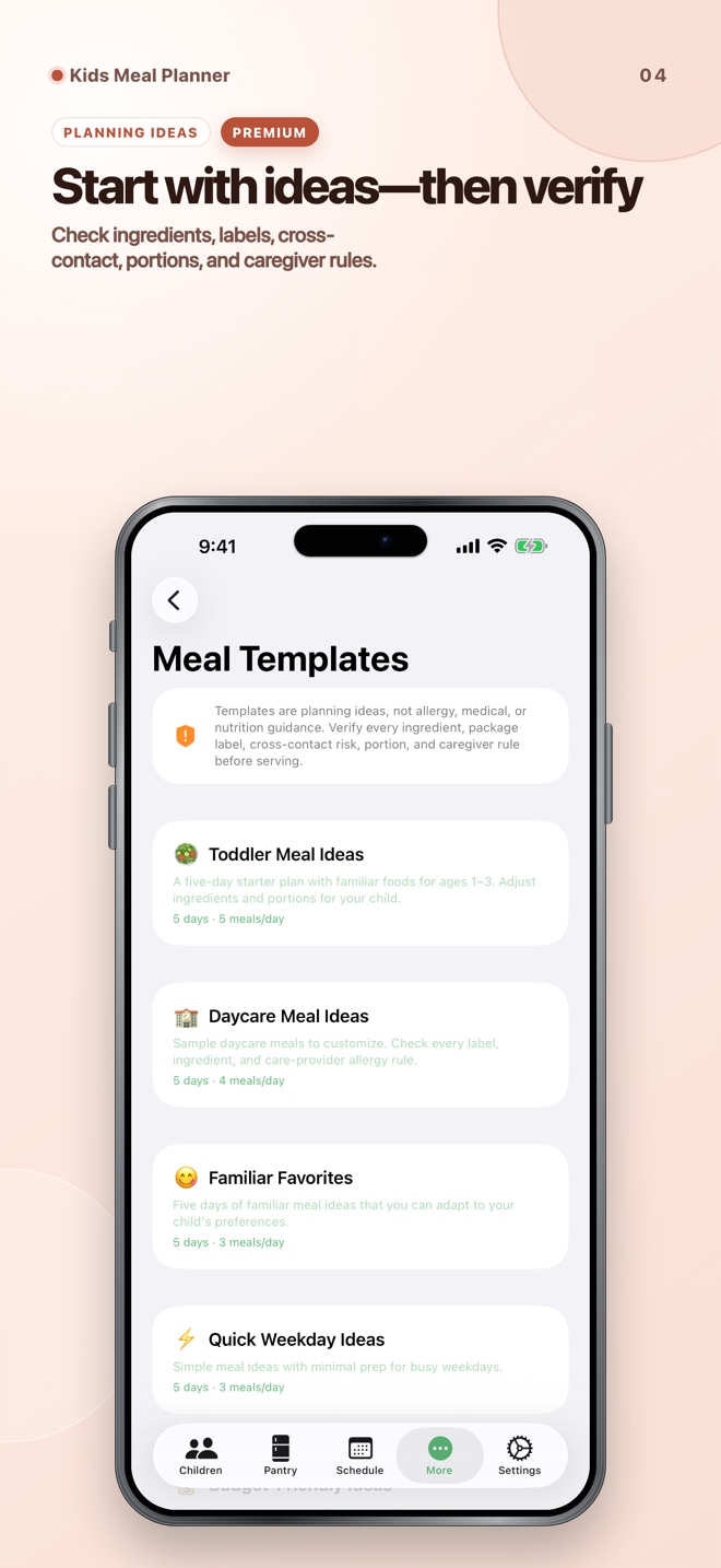 Kids Meal Planner Premium sample templates with a reminder to verify labels, portions, cross-contact, and caregiver rules