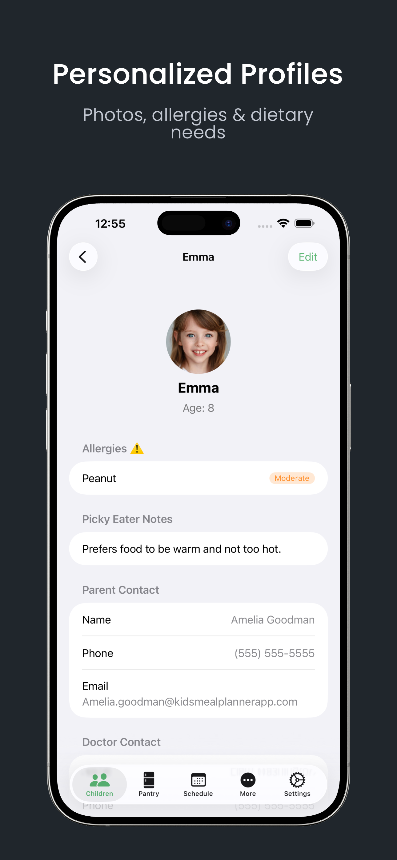 Child profiles with dietary information