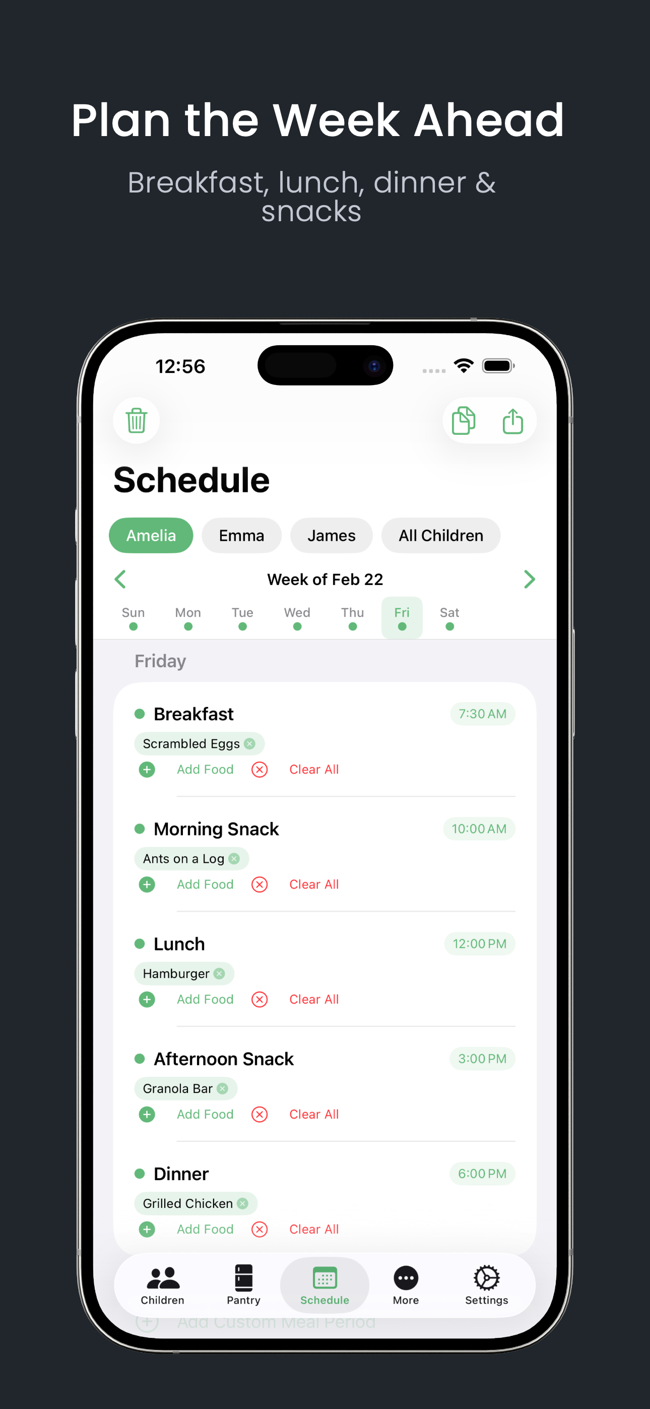 Weekly meal schedule interface