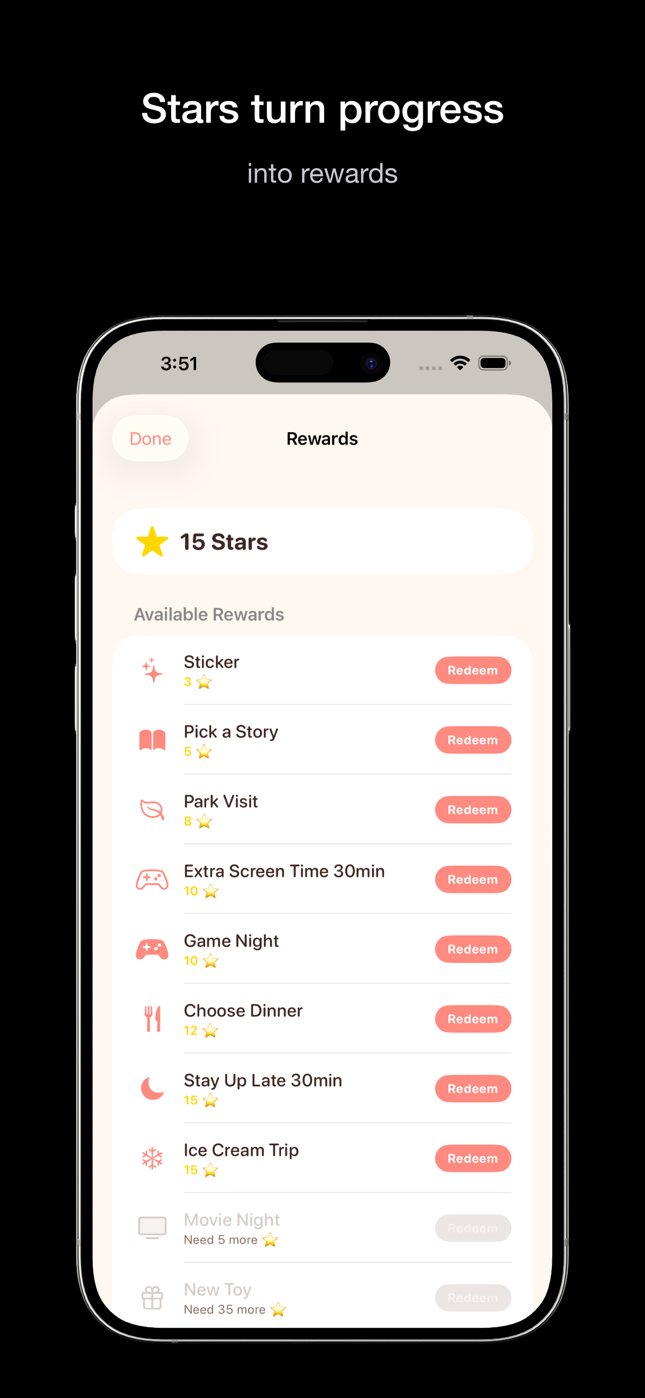 Little Routines rewards screen showing stars earned toward a reward