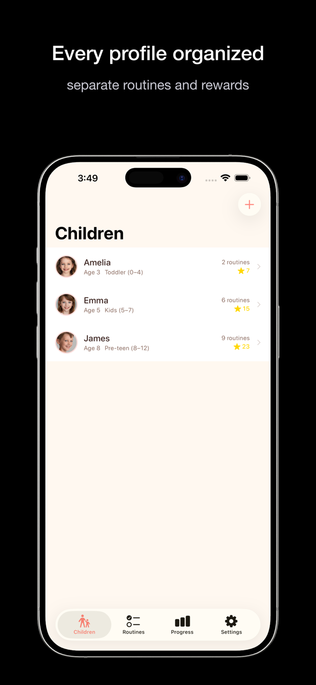 Little Routines profiles screen organizing routines for multiple family members