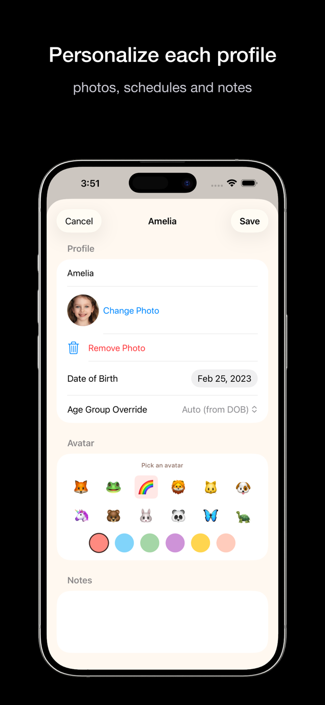 Little Routines profile editor with color and photo personalization