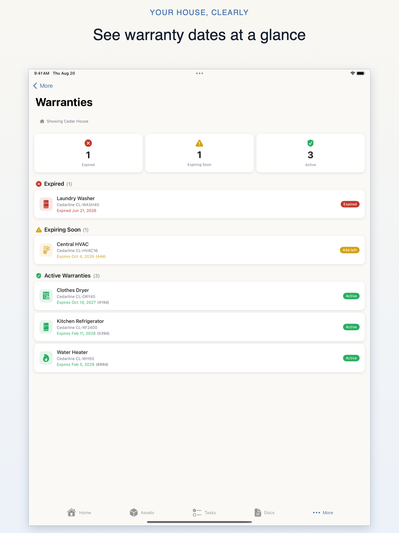 Your House, Clearly iPad warranty dashboard showing active, expiring-soon, and expired coverage