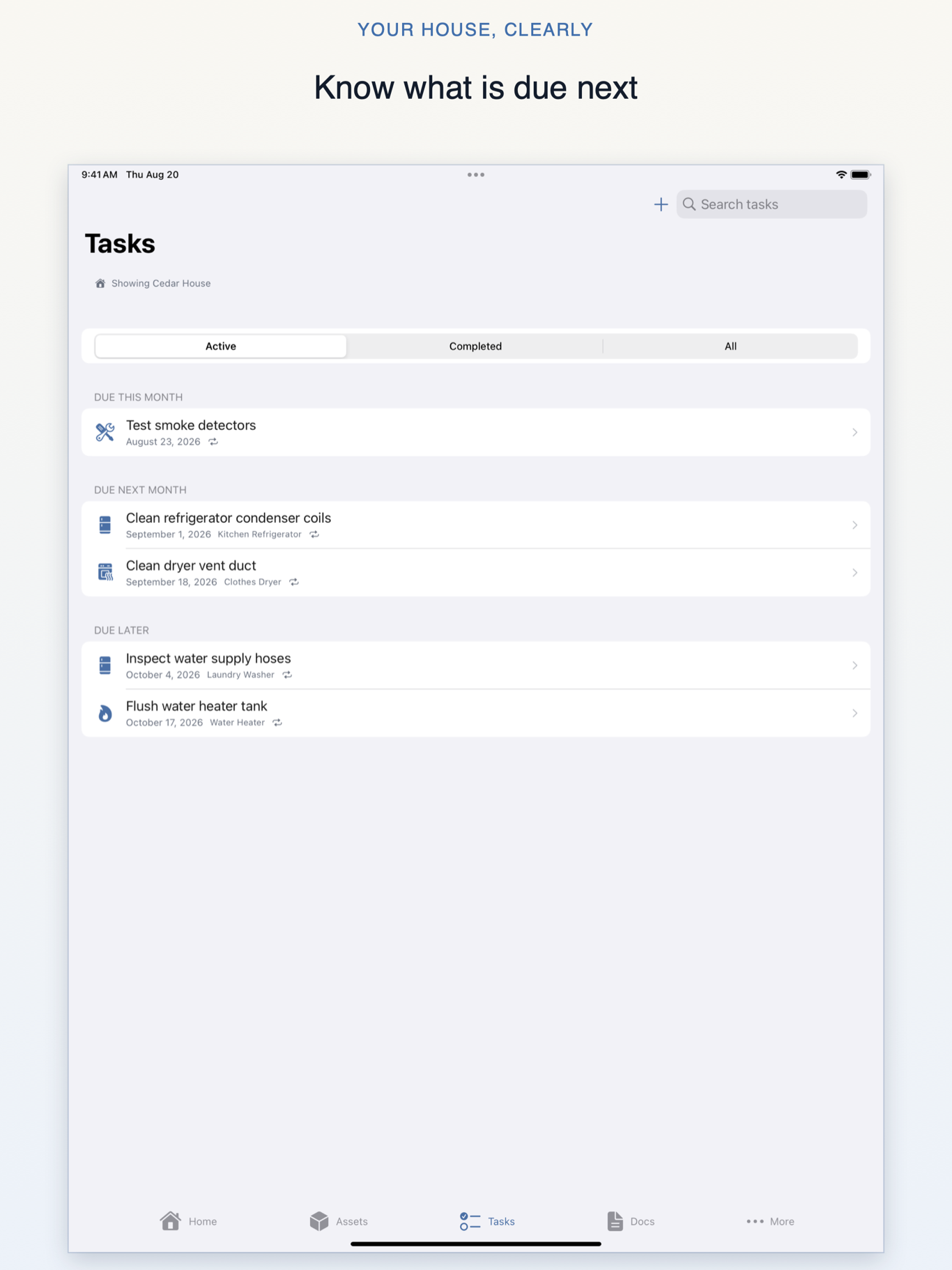 Your House, Clearly iPad active maintenance tasks organized by due date