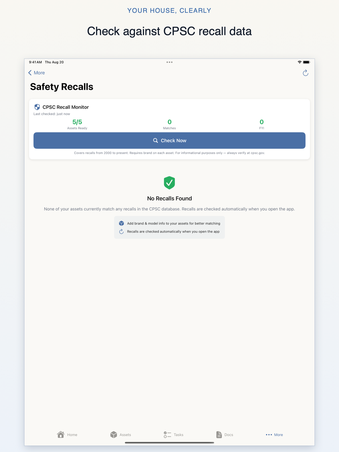 Your House, Clearly iPad Safety Recalls screen showing five assets checked and no recall matches found