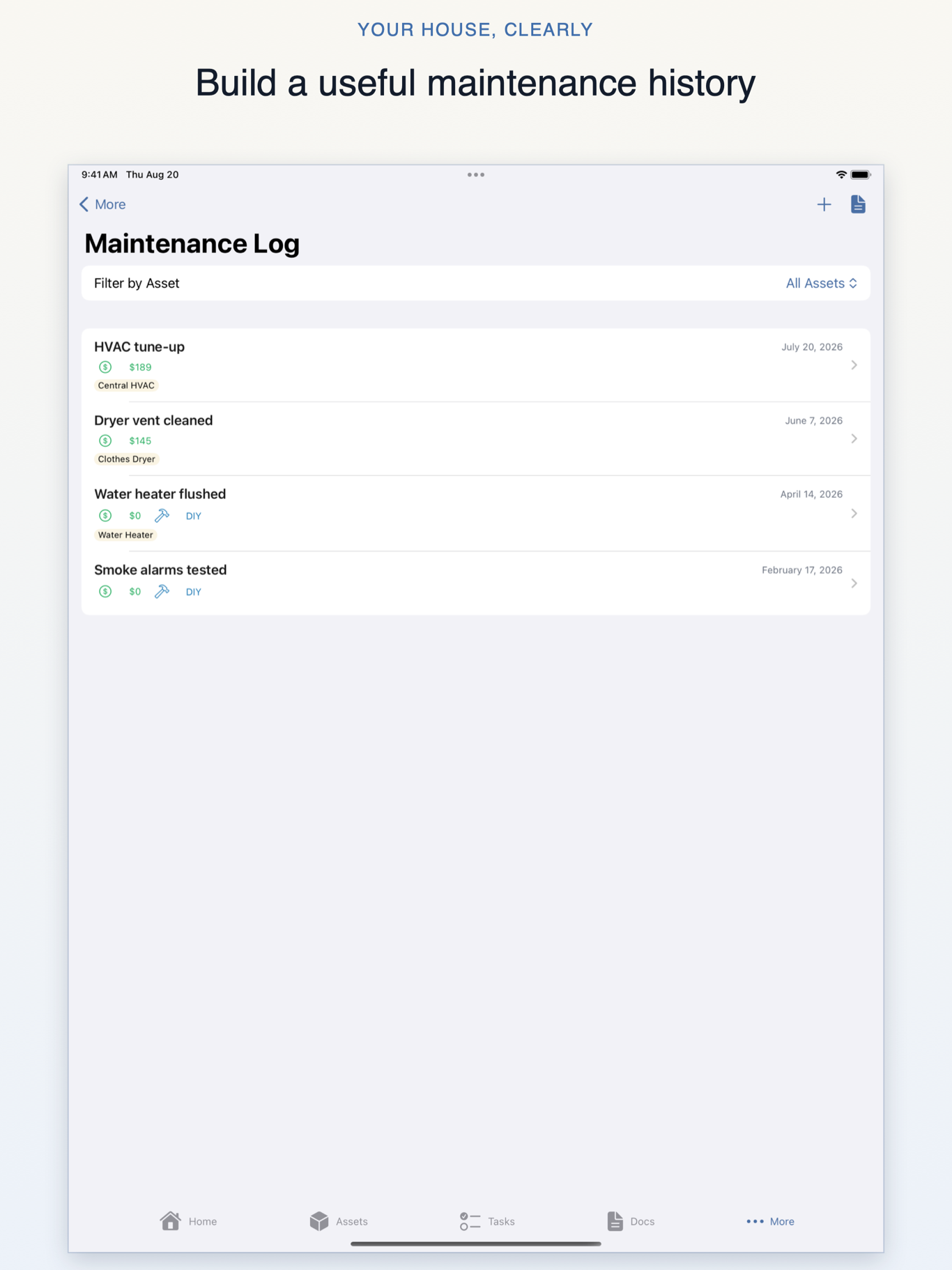 Your House, Clearly iPad maintenance log showing four completed history entries