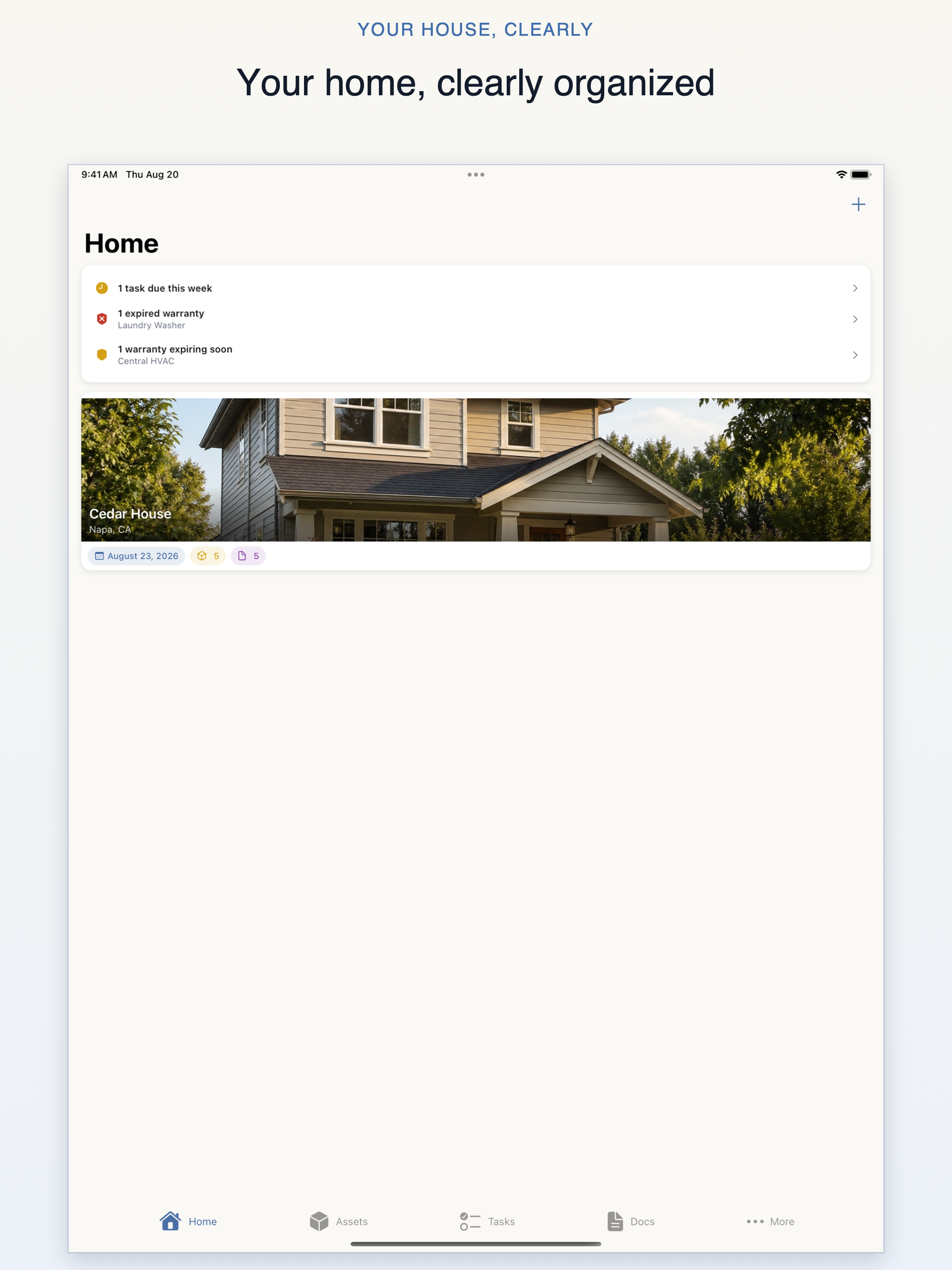 Your House, Clearly iPad Home screen showing Cedar House in Napa, California, with home-record summary counts