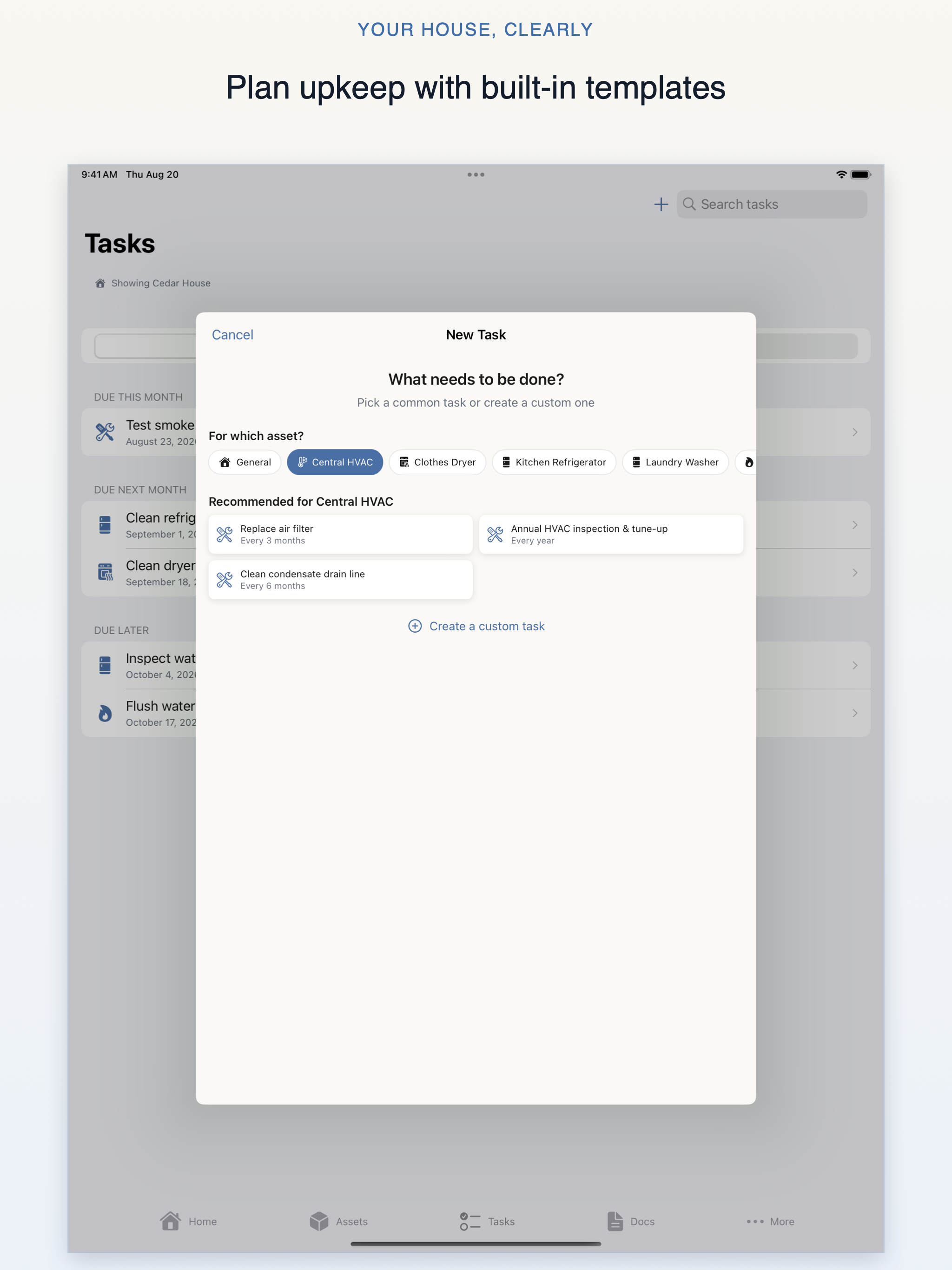 Your House, Clearly iPad Central HVAC screen showing built-in recurring maintenance templates