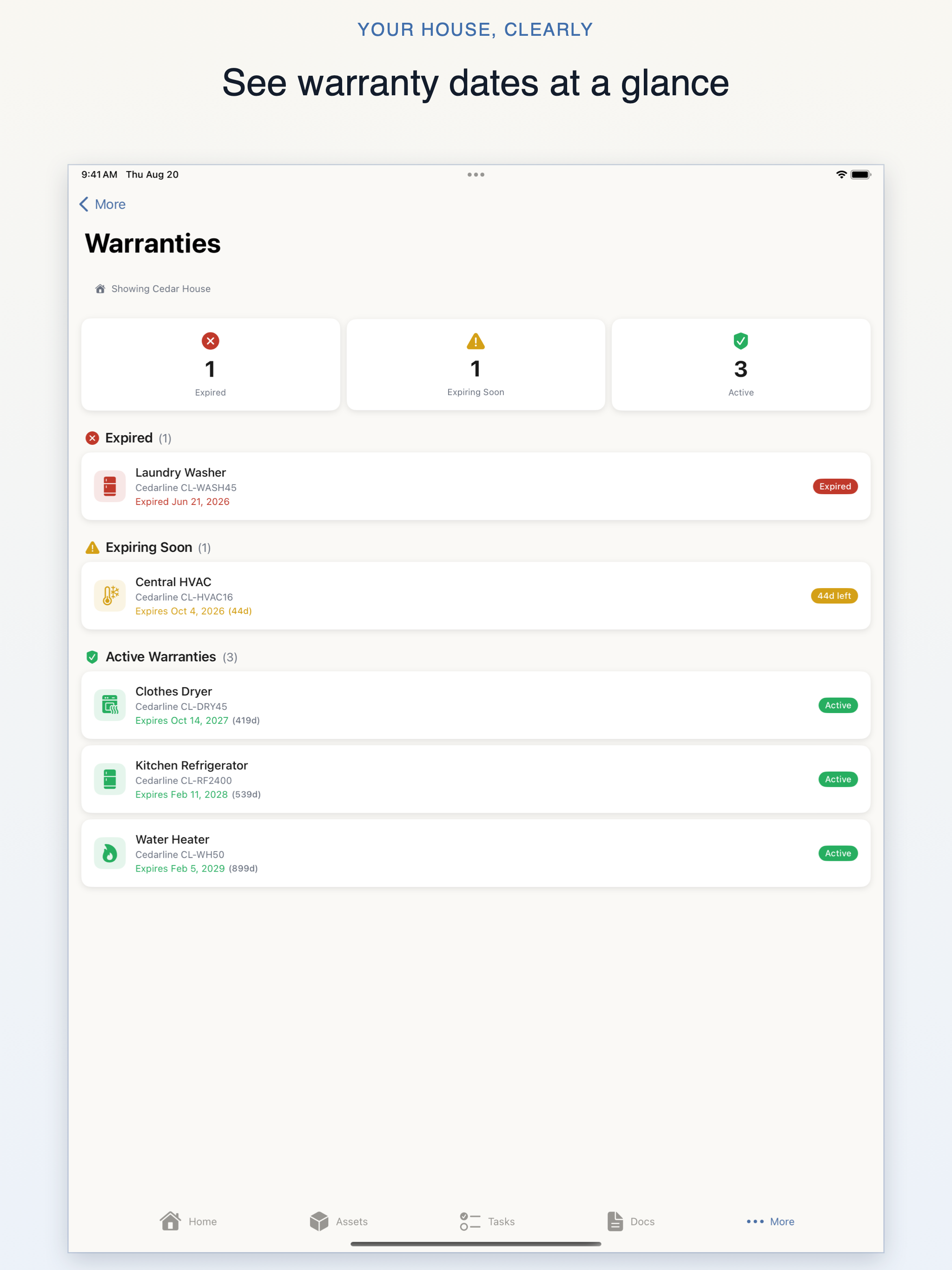 Your House, Clearly iPad warranty dashboard showing active, expiring-soon, and expired coverage