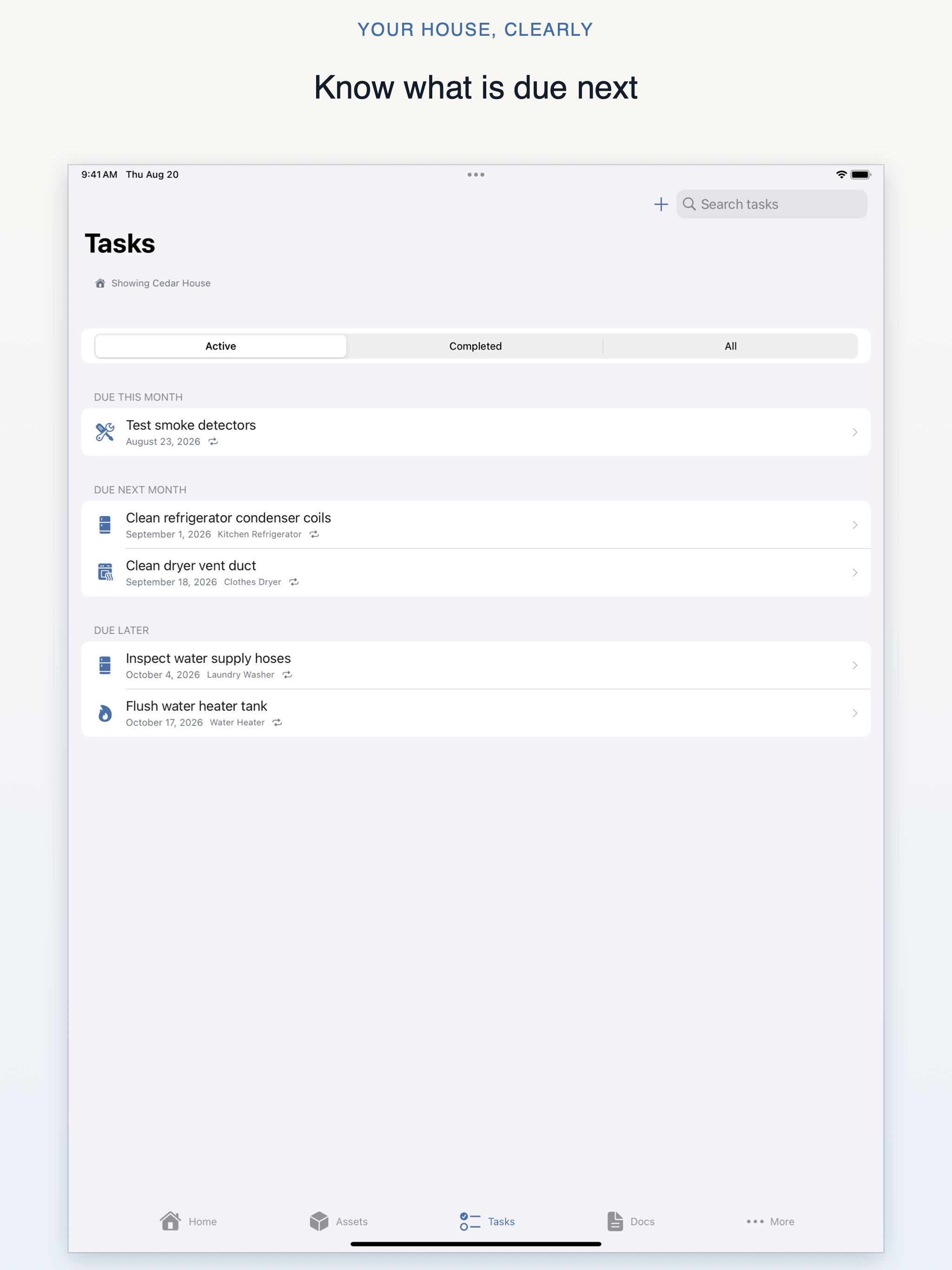 Your House, Clearly iPad active maintenance tasks organized by due date