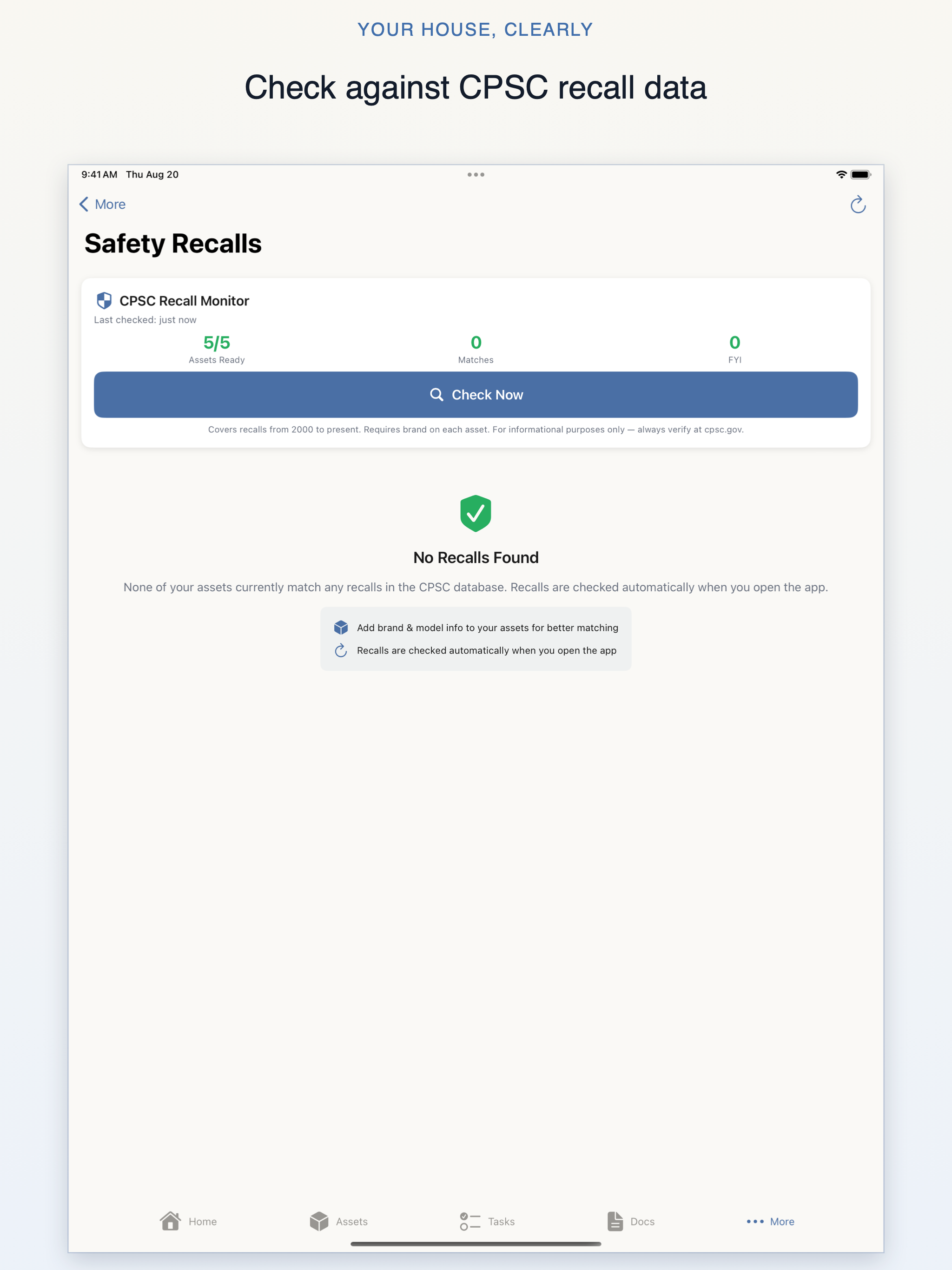 Your House, Clearly iPad Safety Recalls screen showing five assets checked and no recall matches found