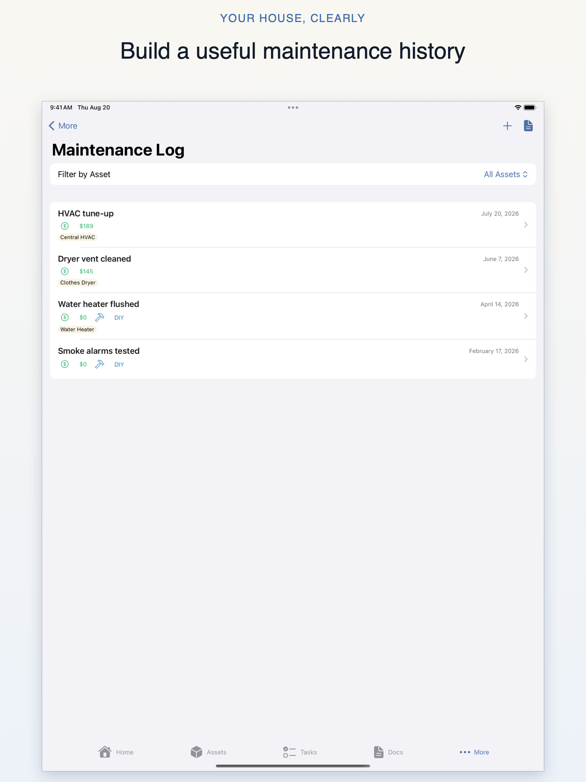 Your House, Clearly iPad maintenance log showing four completed history entries