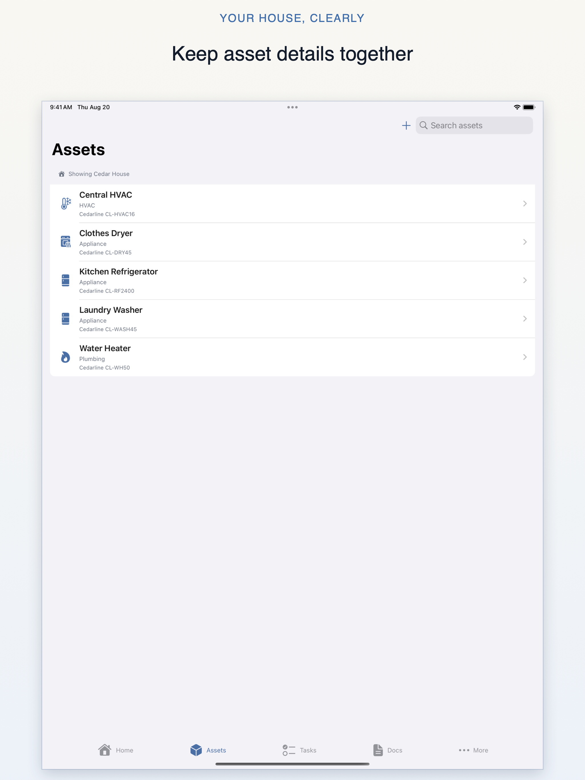 Your House, Clearly iPad Assets screen listing five fictional appliances and home systems