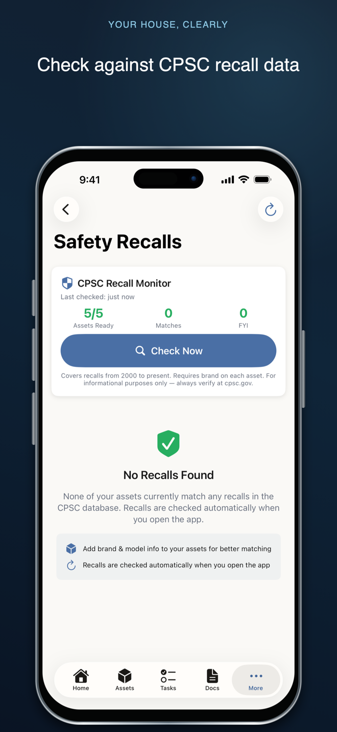 Your House, Clearly Safety Recalls screen showing five assets checked and no recall matches found