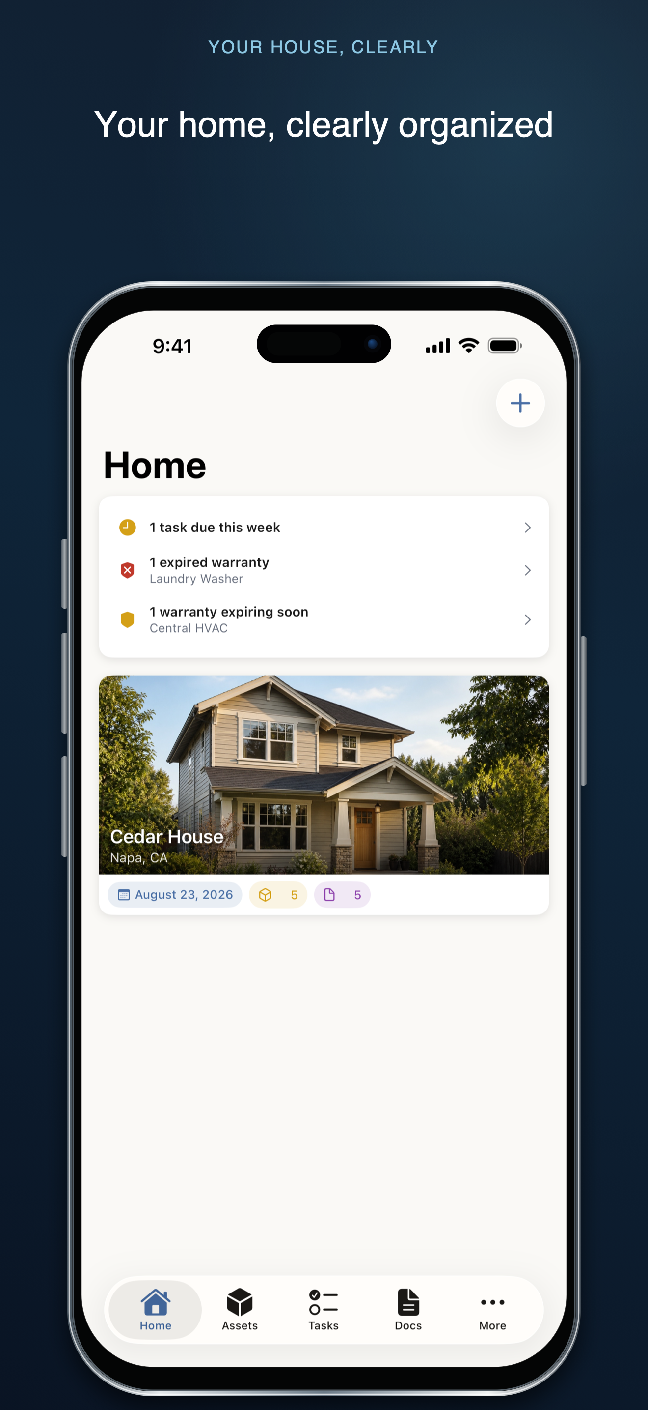Your House, Clearly Home screen showing Cedar House in Napa, California, with home-record summary counts