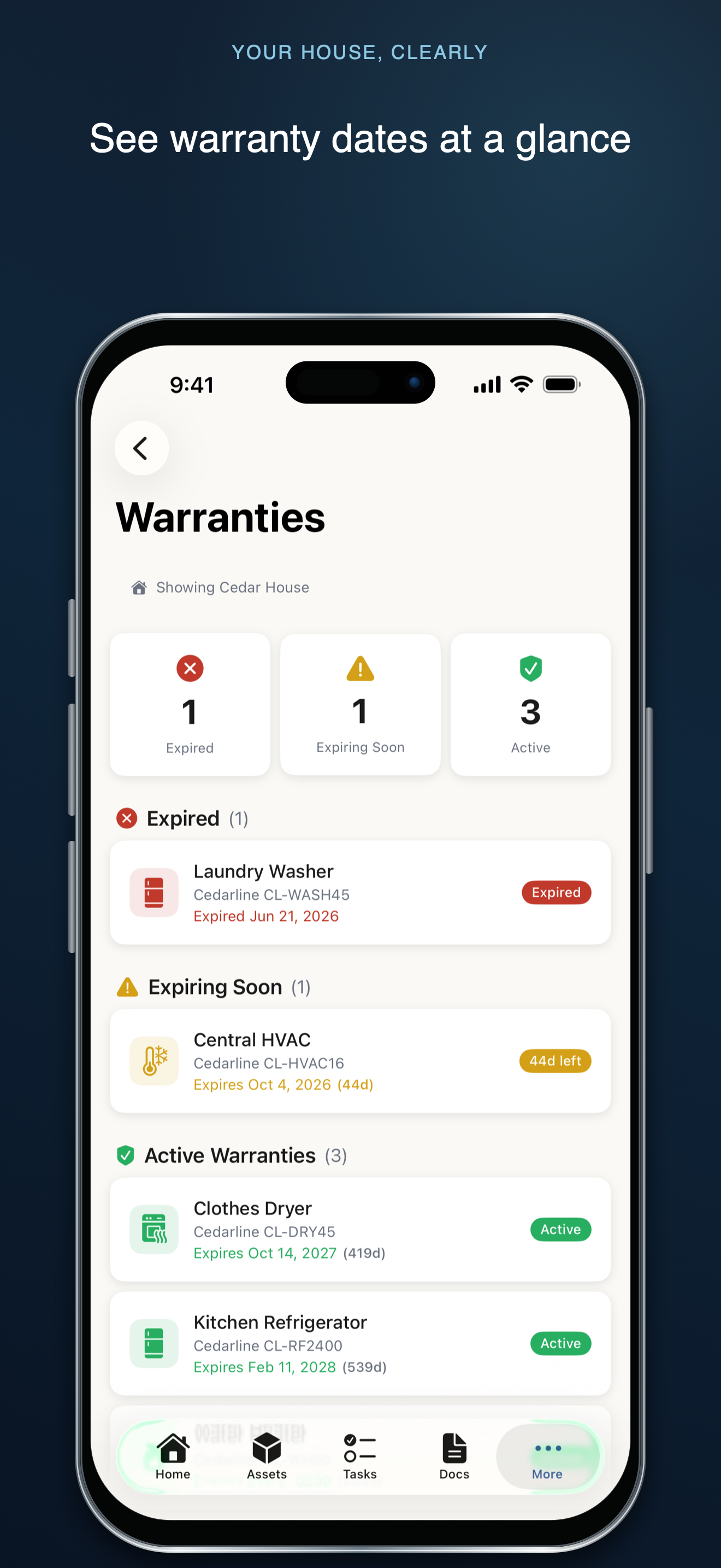 Your House, Clearly warranty dashboard with active, expiring-soon, and expired coverage dates