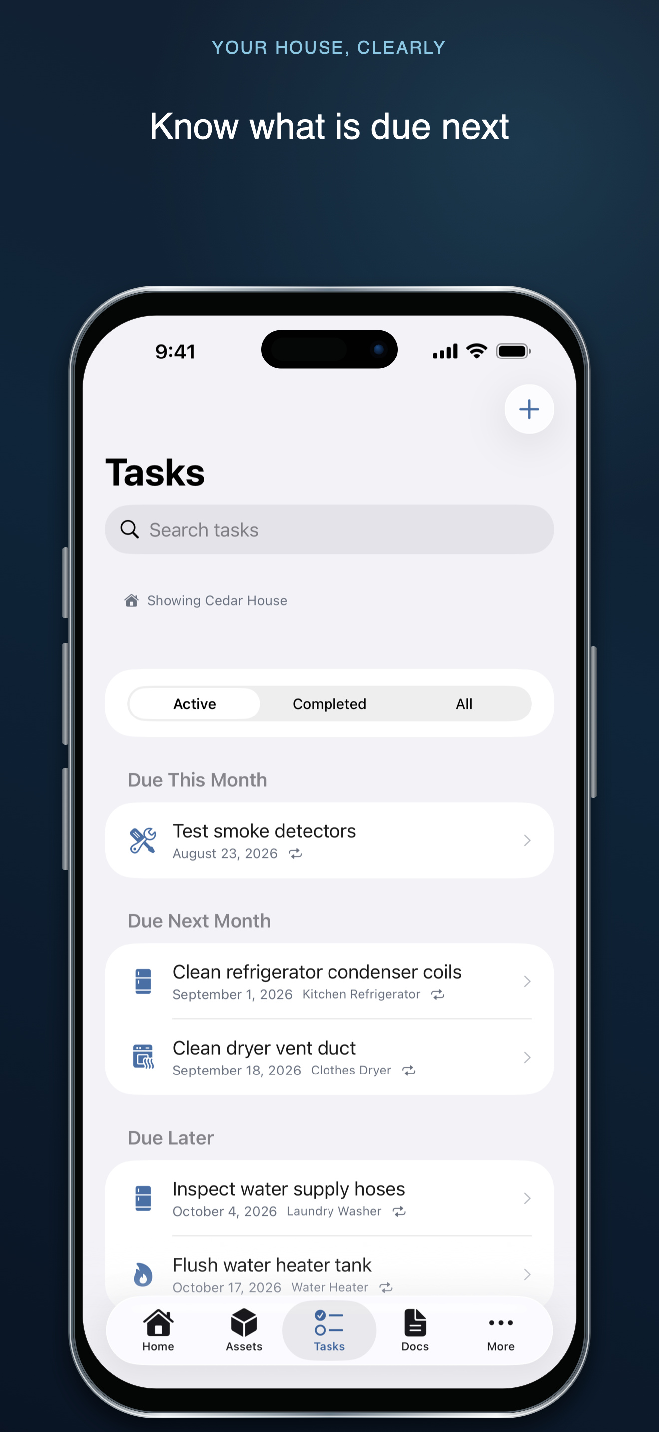 Your House, Clearly active maintenance tasks organized by due date