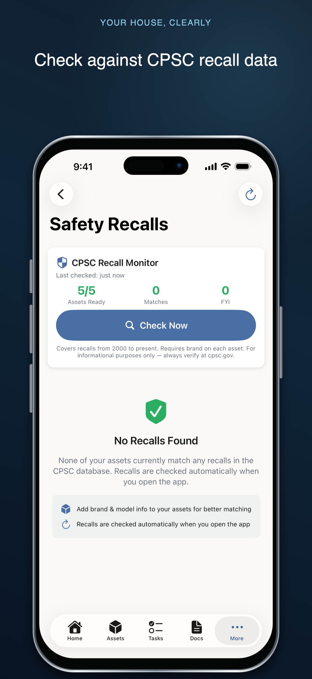 Your House, Clearly Safety Recalls screen showing five assets checked and no recall matches found