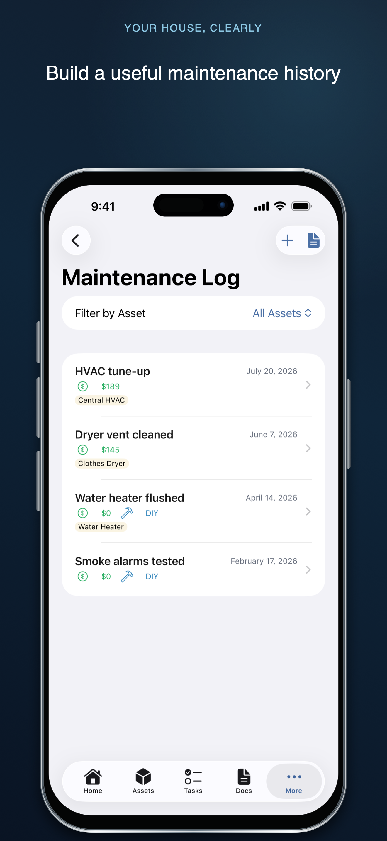Your House, Clearly maintenance log with four completed history entries