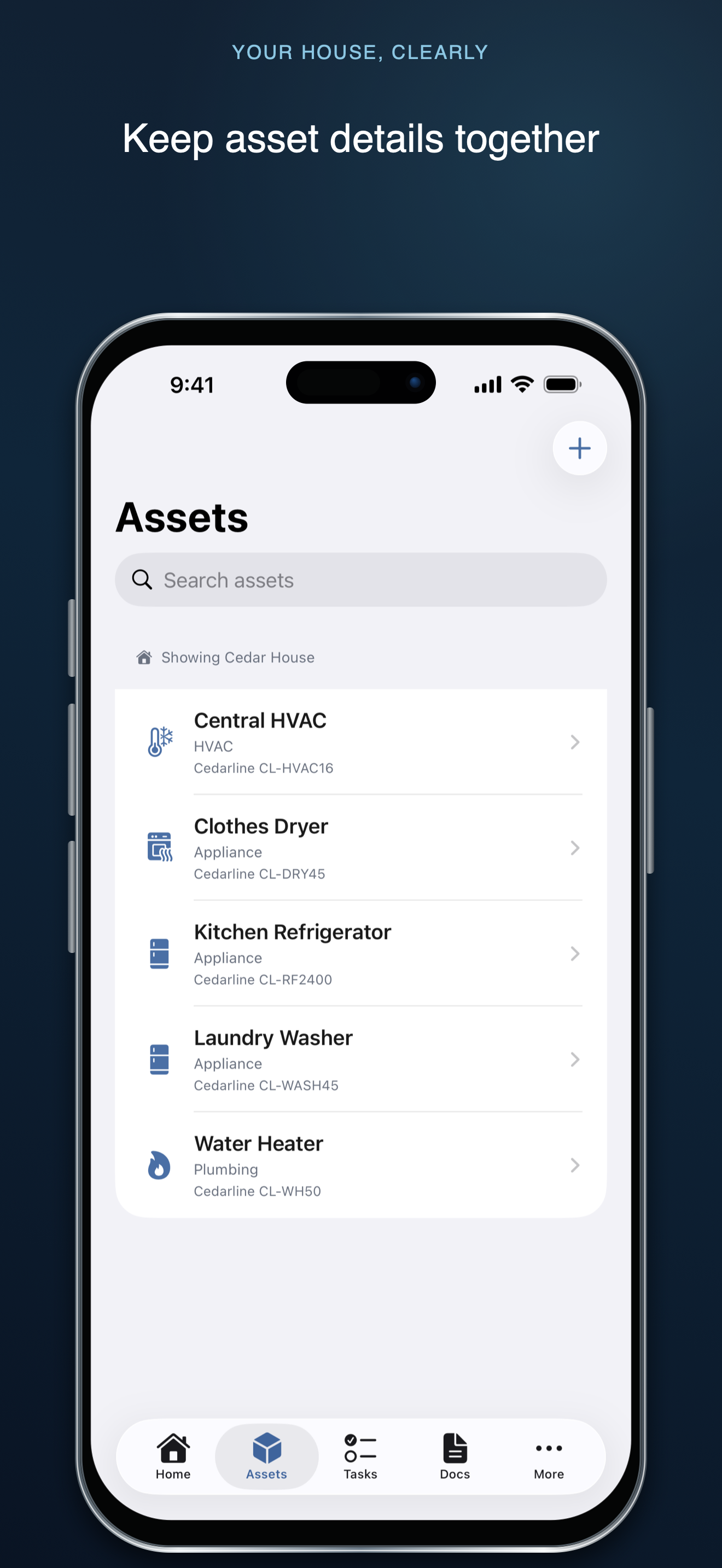 Your House, Clearly Assets screen listing five fictional home appliances and systems