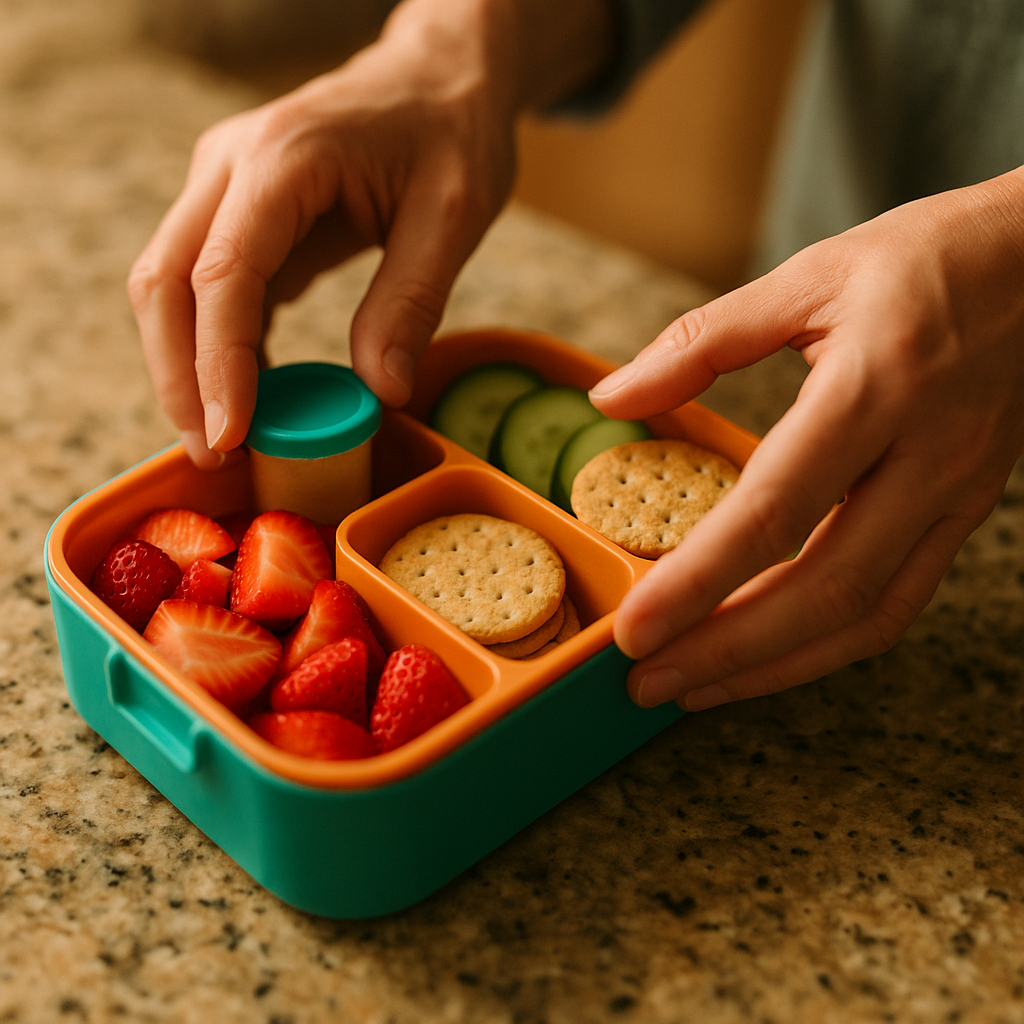 Parent's hands packing a lunchbox with healthy kids food