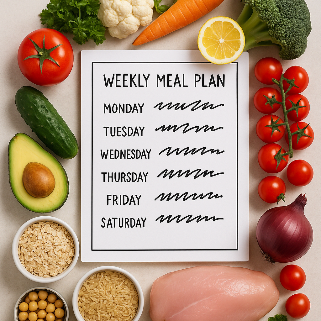 Overhead shot of a weekly meal plan layout with fresh ingredients around it