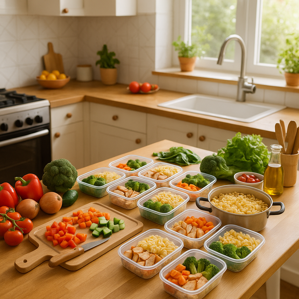 Kitchen counter with meal prep containers being filled in a family kitchen