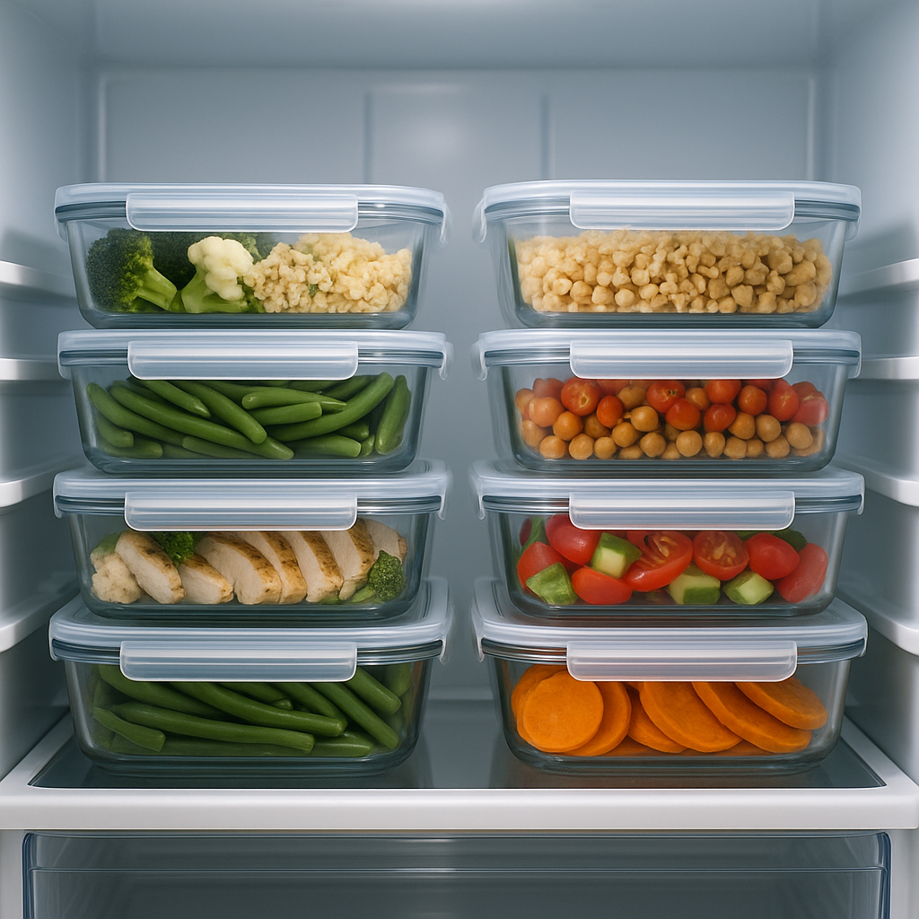Glass meal prep containers stacked neatly in a refrigerator