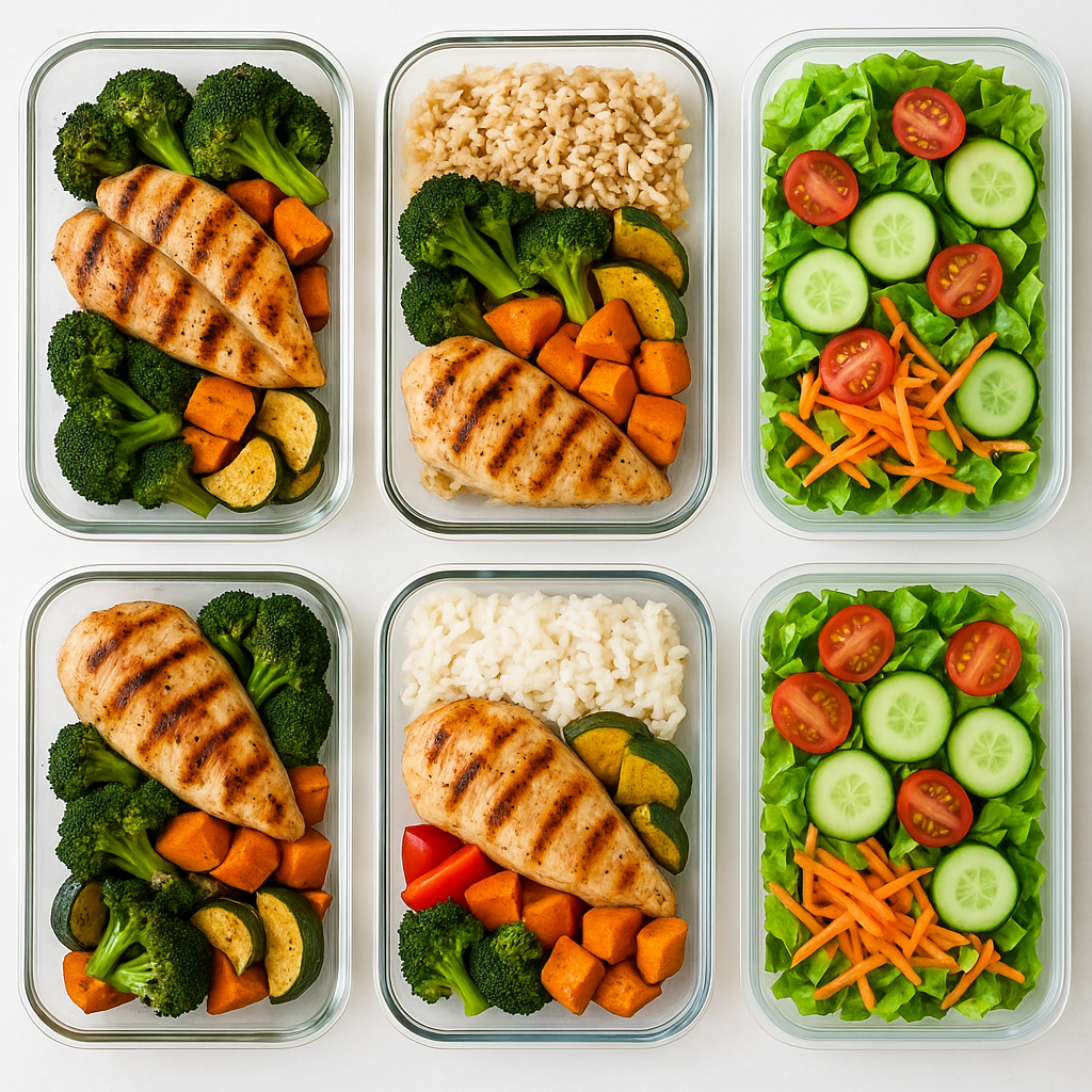 Glass and plastic meal prep containers filled with colorful prepped meals, overhead shot