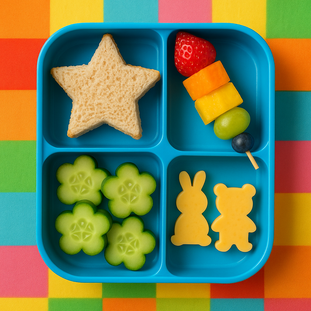 Fun colorful kids lunch in a bento box with creative food arrangements