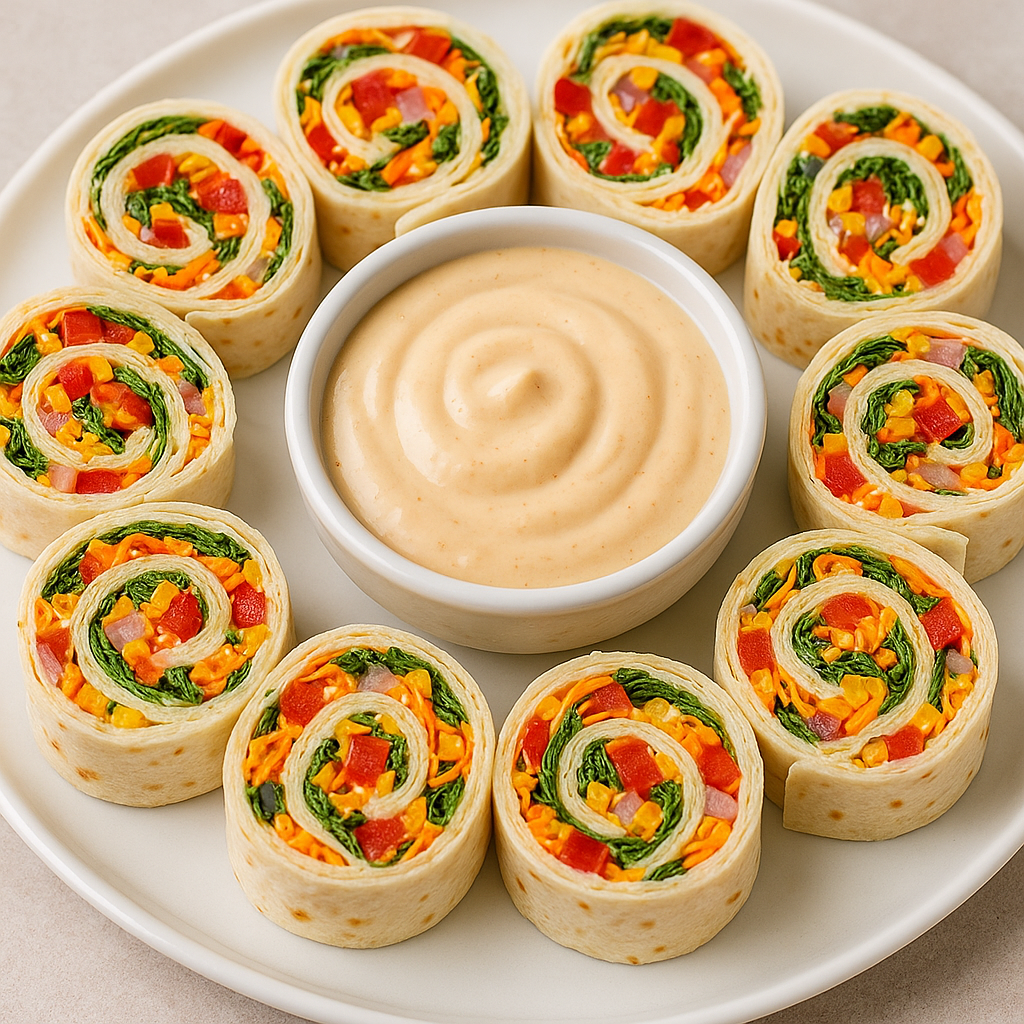Tortilla pinwheels sliced and arranged on a plate with dipping sauce