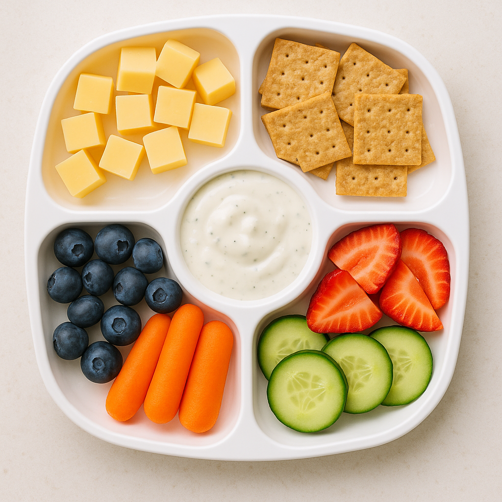 Snack plate with cheese cubes, crackers, fruit and veggies arranged in compartments