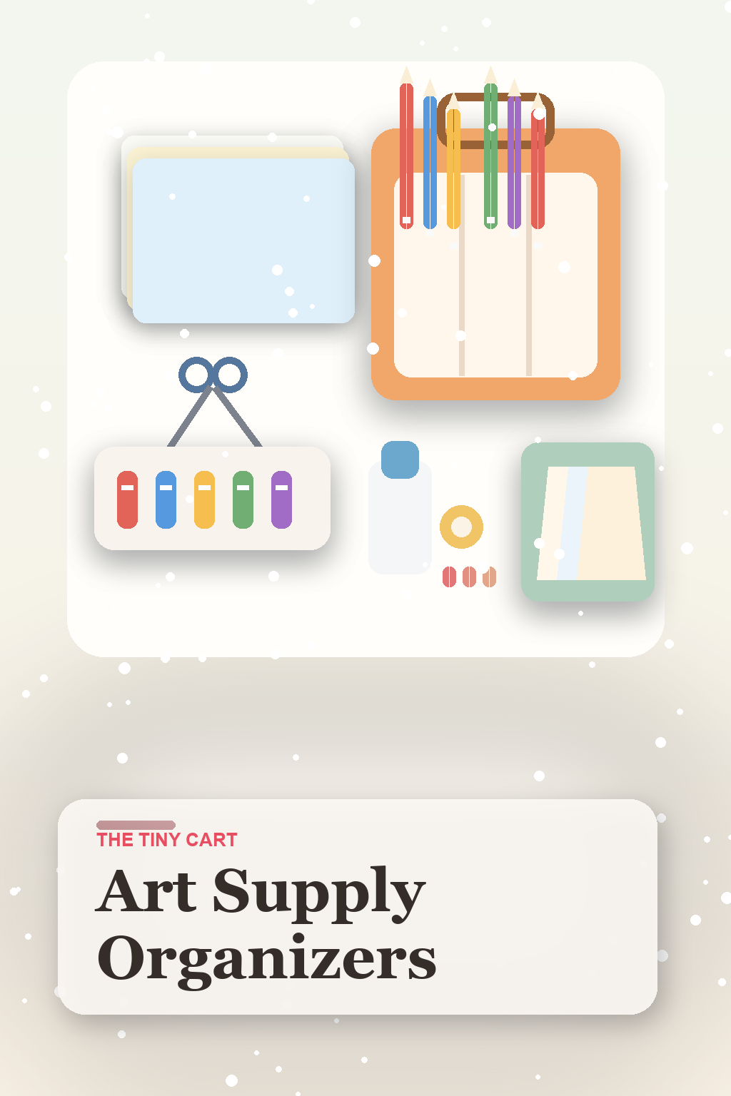 Kids art and homework station with caddies, markers, paper organizers, and scissors arranged on a bright neutral craft table