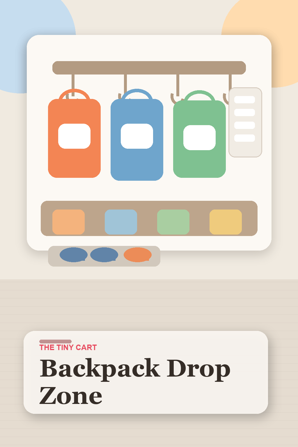 Family entryway with backpack hooks, shoe tray, cubbies, and school paper organizers