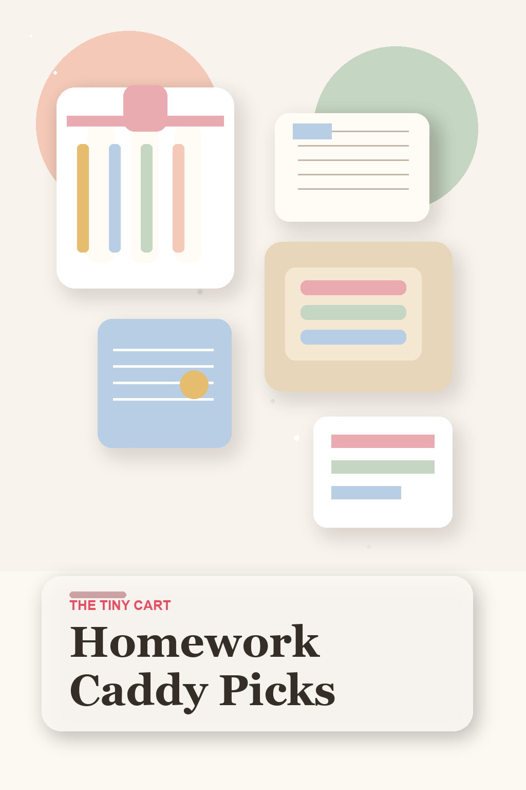 Homework caddies, pencils, folders, calculator, and note cards arranged on a bright neutral table