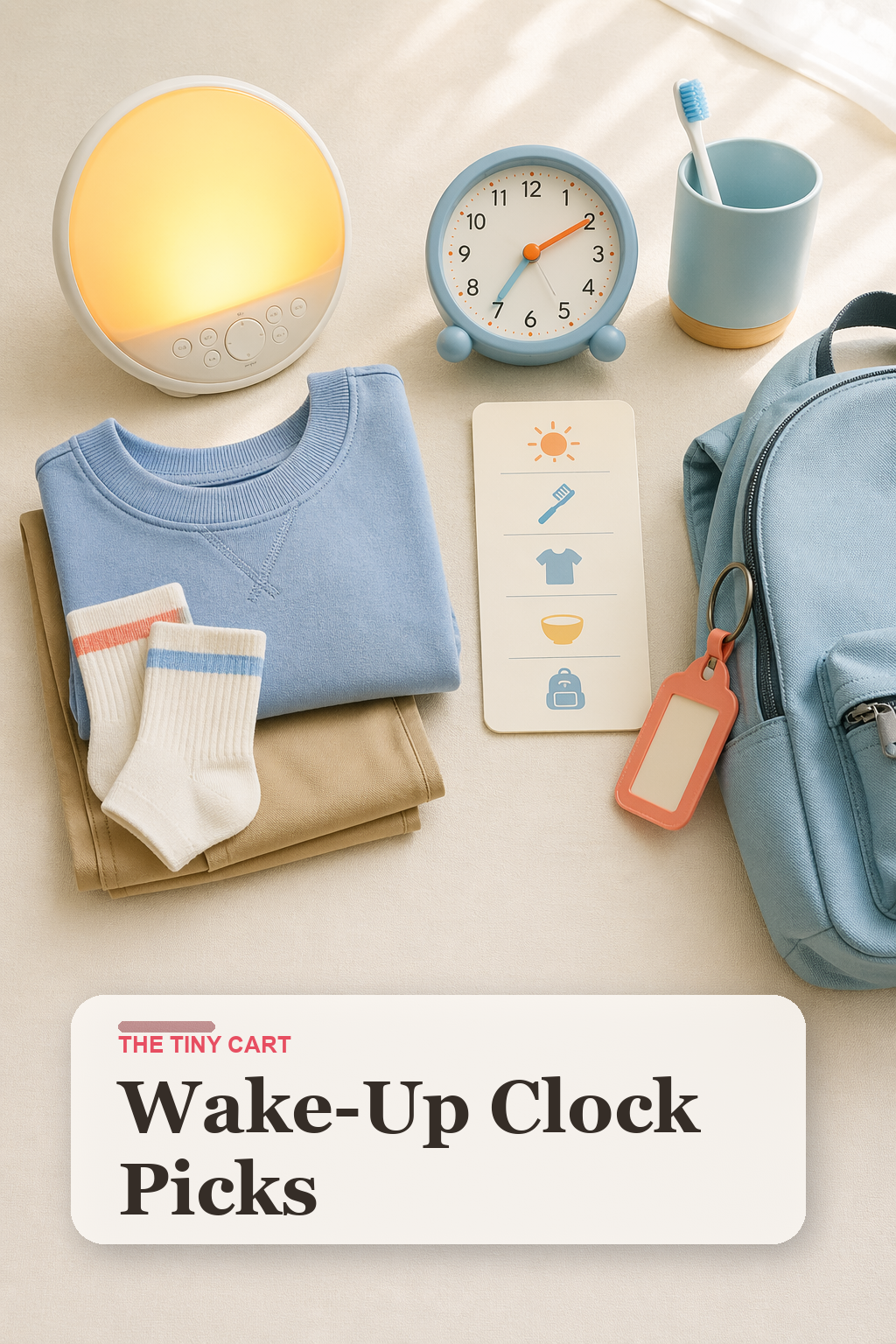 Kids alarm clocks and wake-up lights arranged with a folded school outfit, toothbrush cup, and backpack tag on a bright neutral background