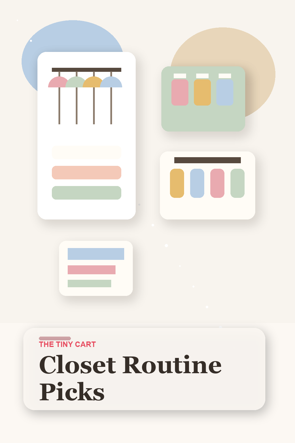 Kids closet setup with folded outfit bins, labels, shoes, and a backpack on a bright neutral background