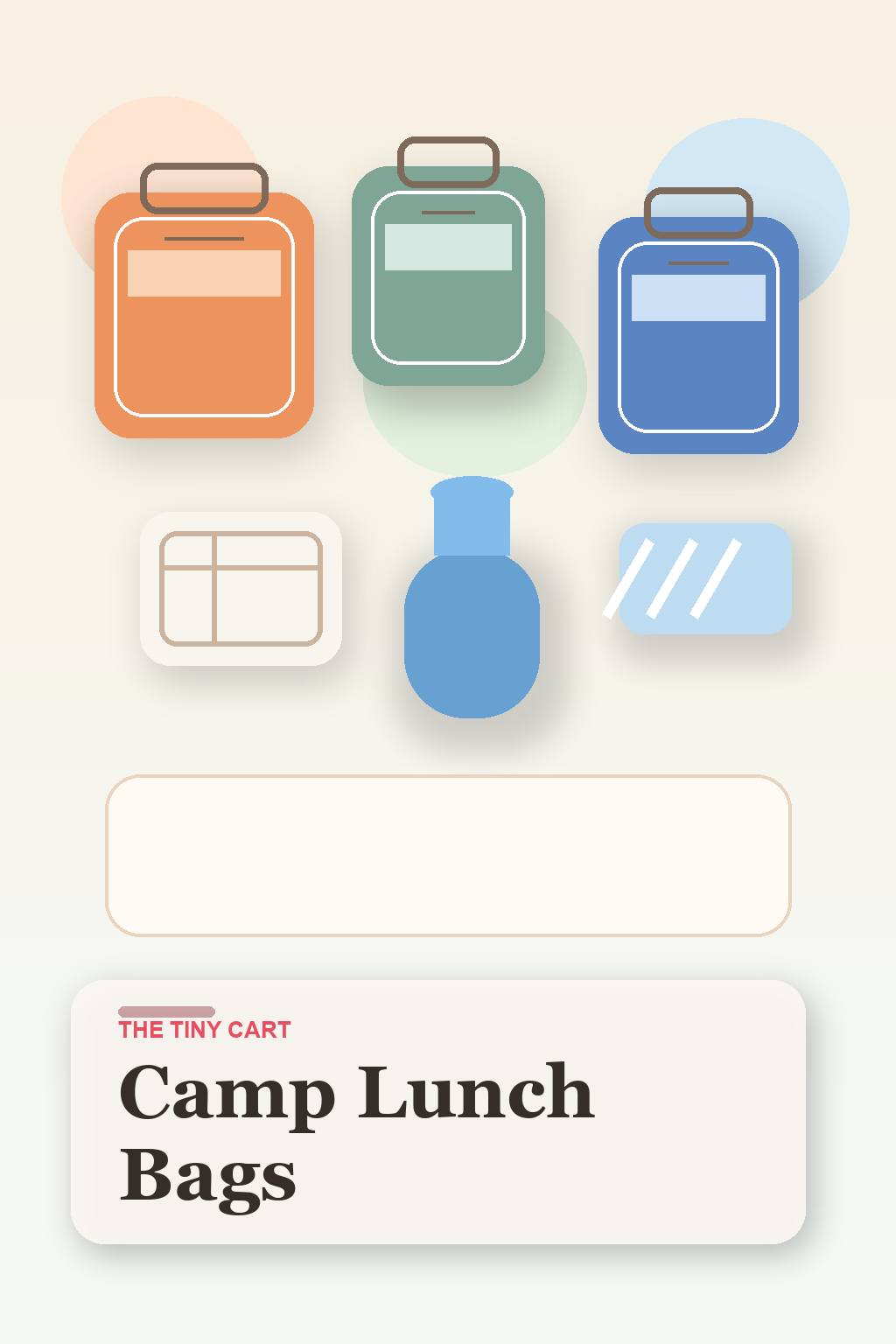 Kids lunch bags, water bottle, bento box, and ice pack arranged on a bright neutral background