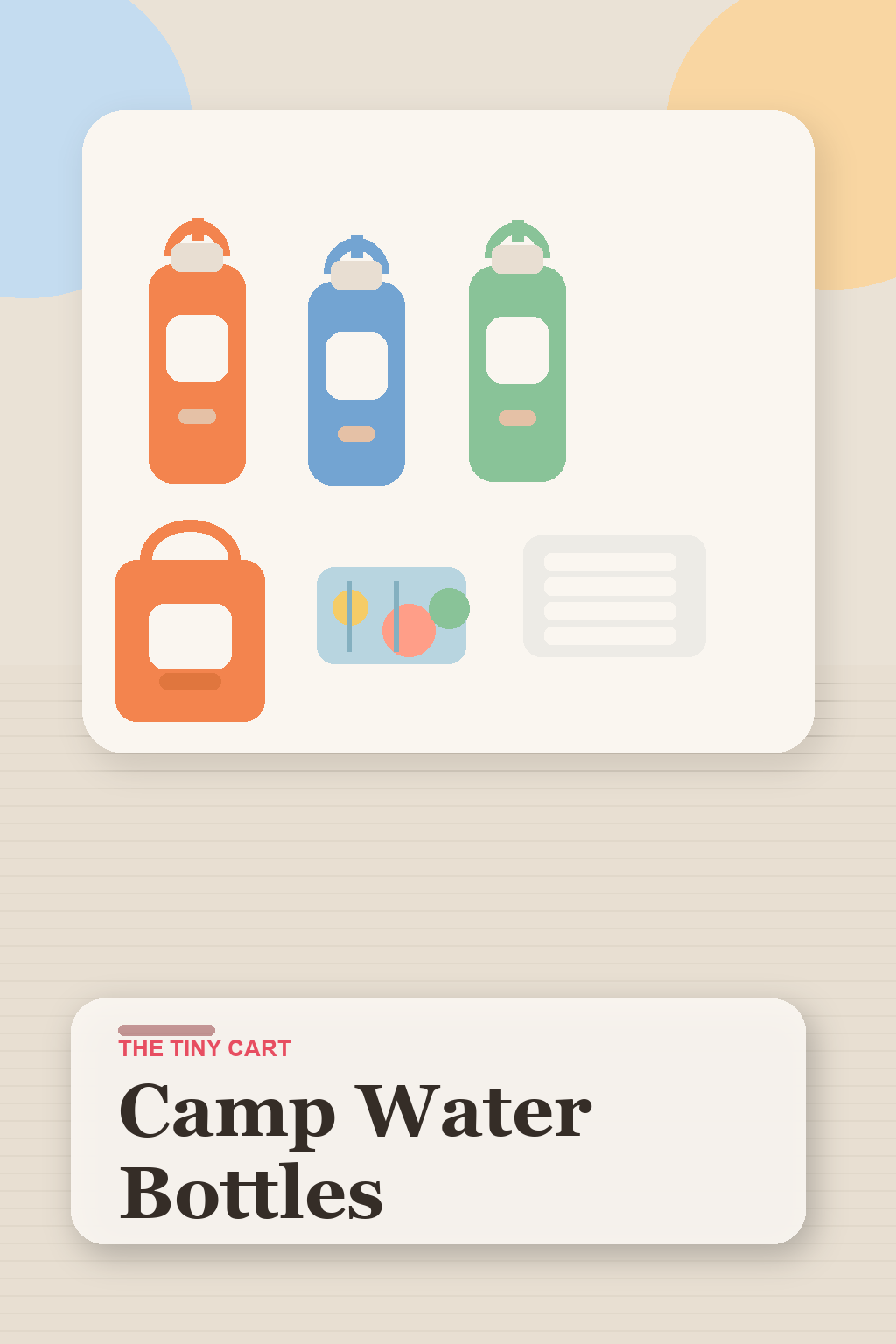 Colorful kids water bottles lined up beside a lunch bag, ice pack, and summer camp gear