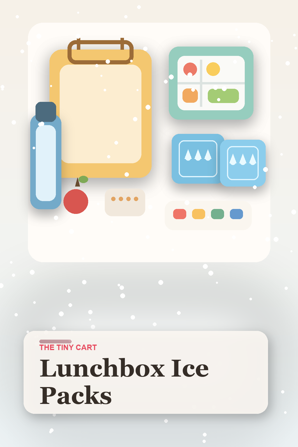 Lunch packing setup with slim ice packs, bento lunchbox, water bottle, and fruit on a light neutral background