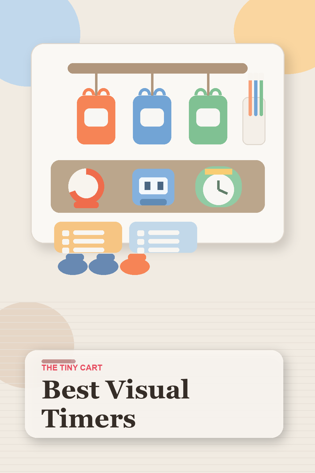Visual timer lineup for kids morning routines with countdown clock, checklist cards, toothbrush cup, and routine tools