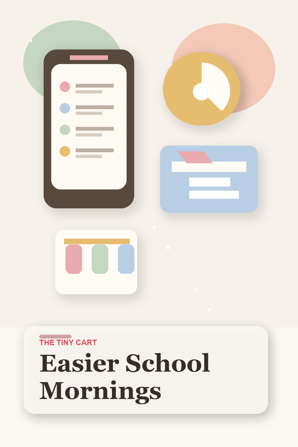 School morning routine setup with phone checklist, visual timer, backpack, shoes, and folded outfit on a bright neutral background