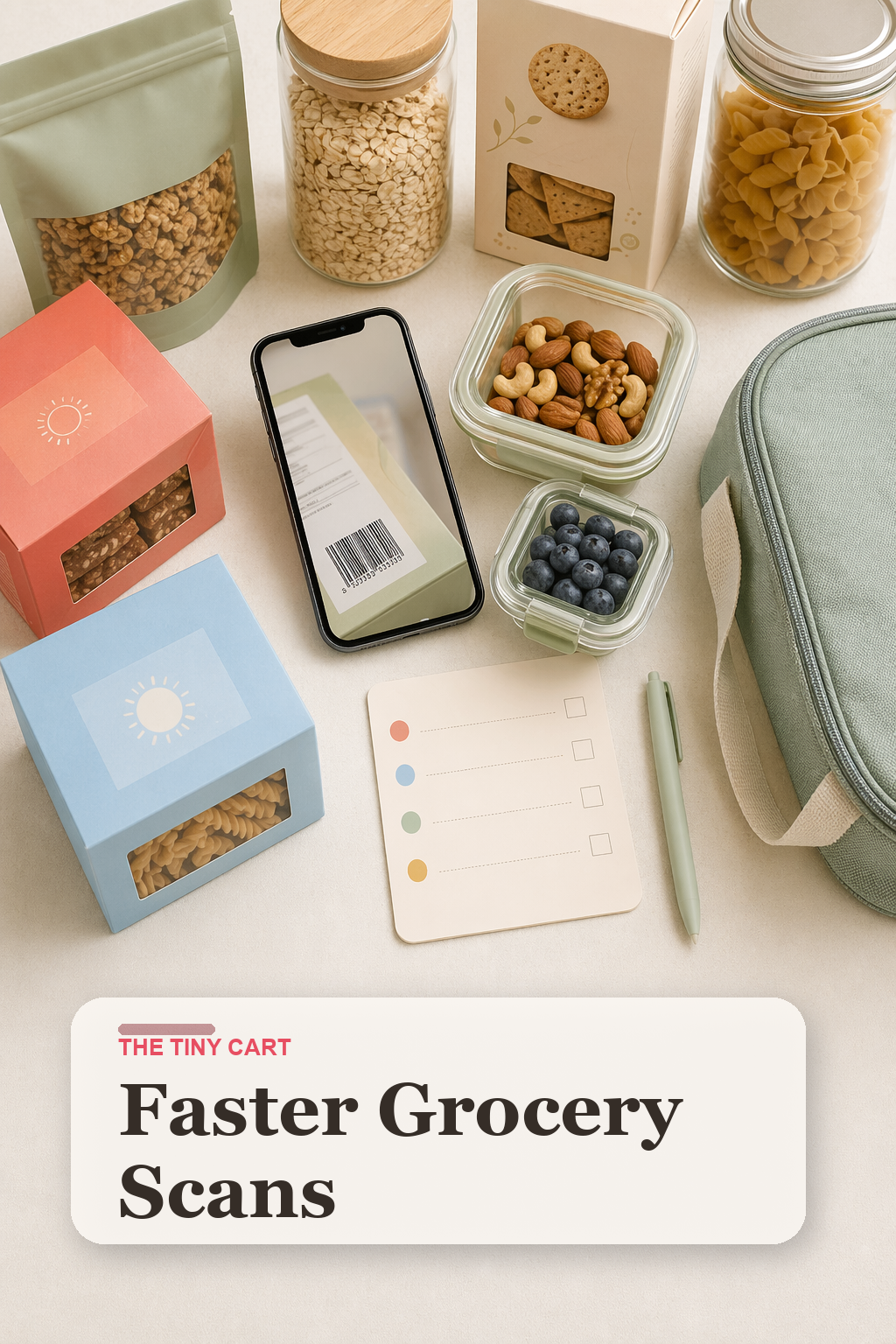 Phone scanning grocery barcode beside organized pantry staples, lunch gear, and a neat shopping setup on a bright neutral background